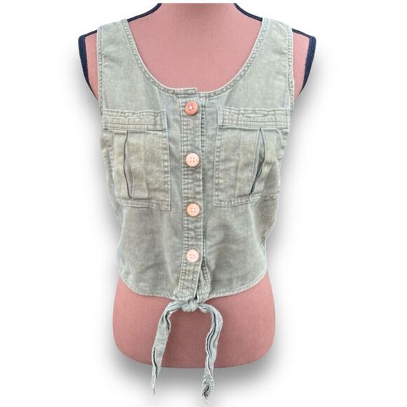 Vanilla Star, Sleeveless Button up Front Tie Acid Wash Crop top Juniors’ Medium - Picture 2 of 9